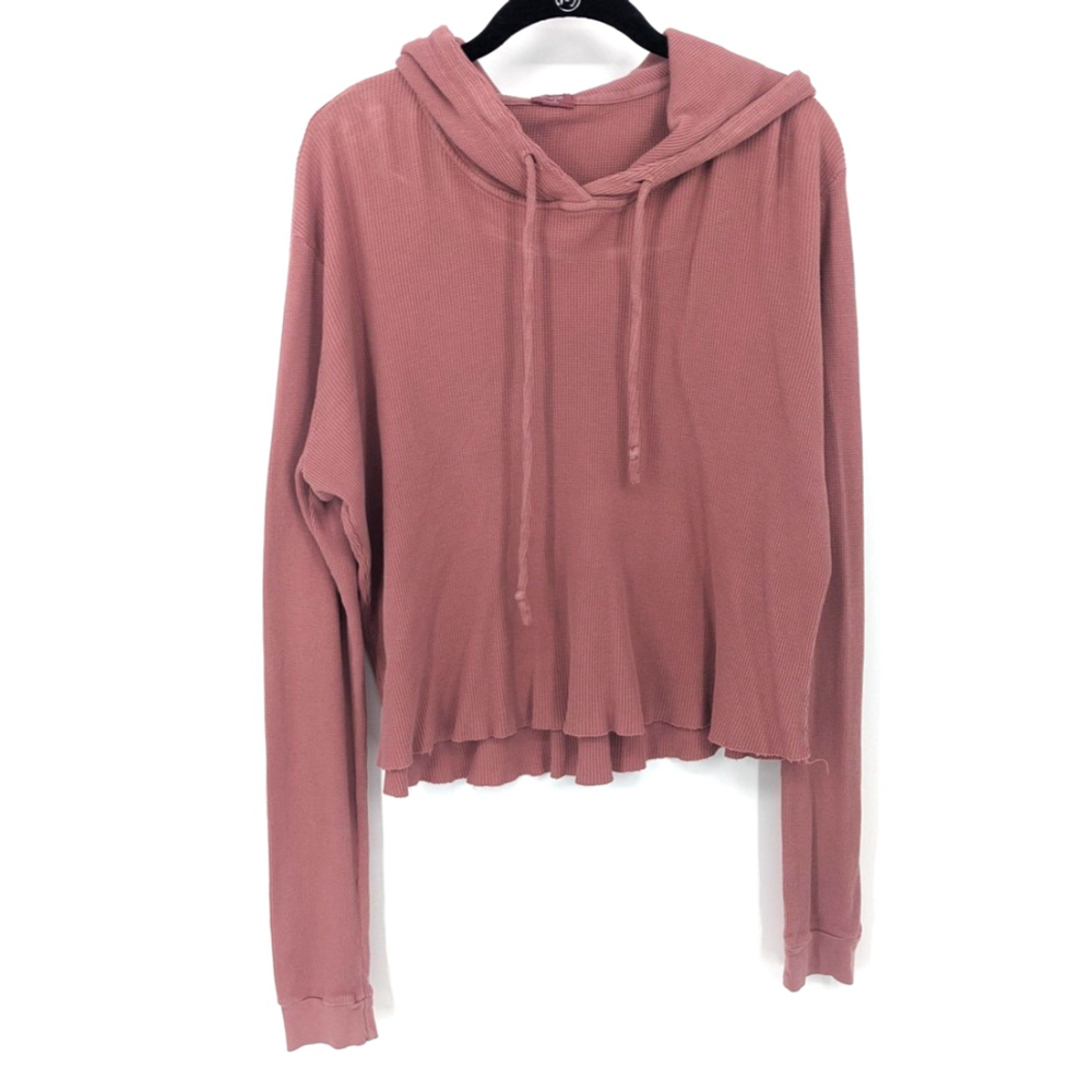 John Galt Hoodie Women Large Mauve Pink Waffle Knit Cropped Raw Hem Pullover Top